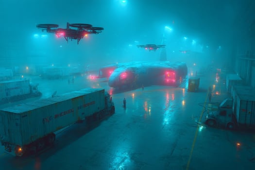 A warehouse with trucks and a helicopter in the fog photo