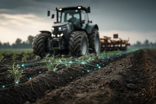 A tractor is in the middle of a field with connected lines photo