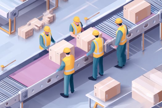 Isometric illustration of workers on conveyor belt photo