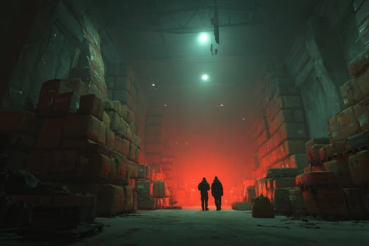 Two people walk through a warehouse with boxes photo