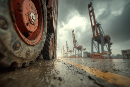 A close up of a truck tire on a wet road photo