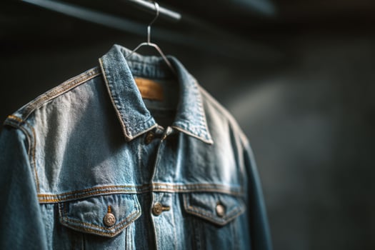 A denim jacket hanging on a hanger photo