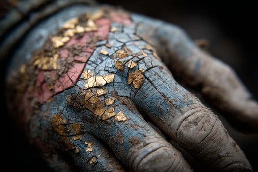 A hand with gold and blue paint on it photo
