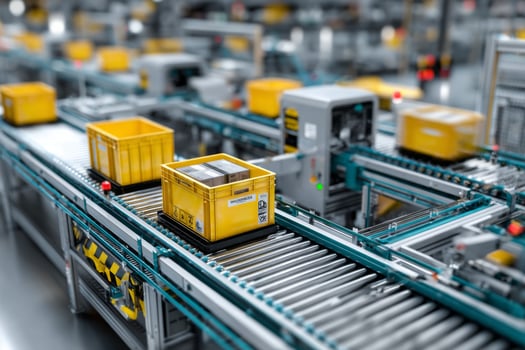 A conveyor belt with yellow boxes on it photo