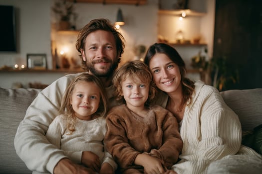 A family sitting on a couch in front of a fireplace photo