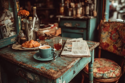 Coffee and croissants on a vintage table photo