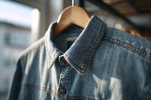 A denim shirt hanging on a wooden hanger photo