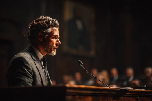A man in a suit and tie speaking into a microphone photo