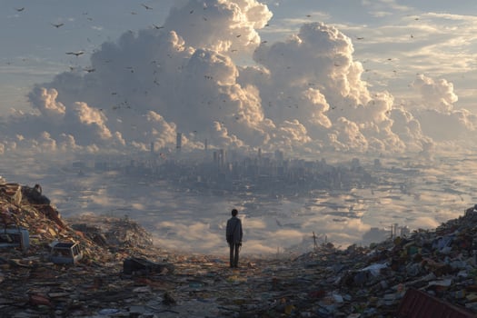 A man standing on top of a mountain of trash photo