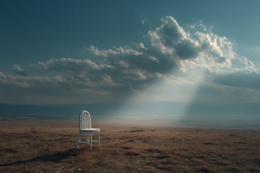 A chair sits in the middle of a field with sunbeams shining through photo