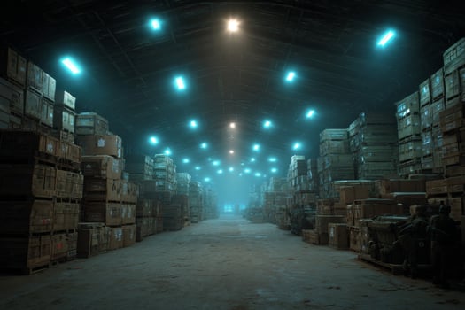 A warehouse with boxes and lights photo
