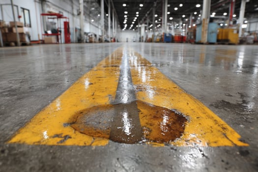 A yellow line on the floor of an industrial warehouse photo