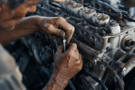A man is working on an engine in a garage photo