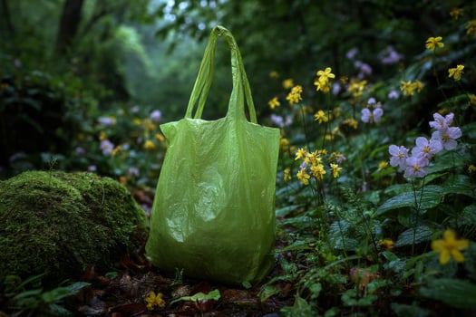 A green plastic bag in the woods photo