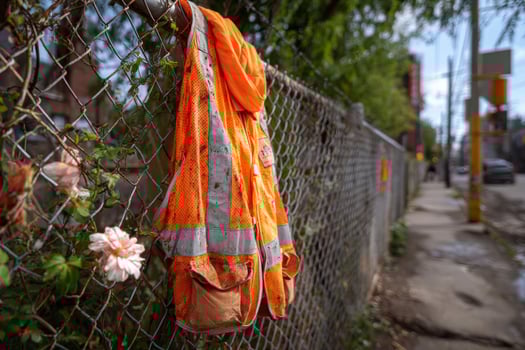 A orange vest hanging on a fence photo
