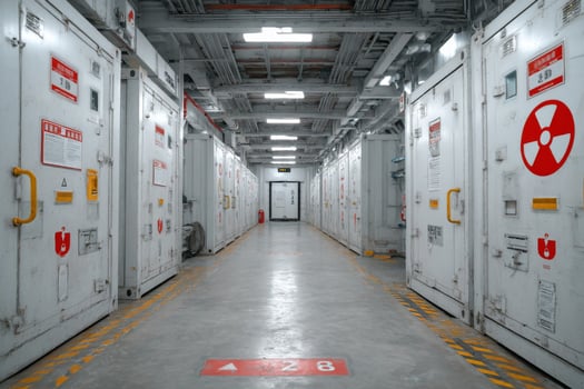 A long hallway with several large white storage containers photo