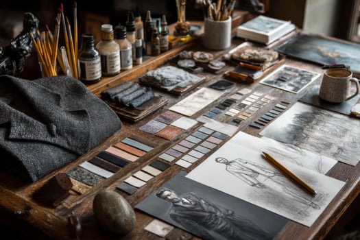 A table with various items on it, including a sketchbook, pencils, paints, and photo