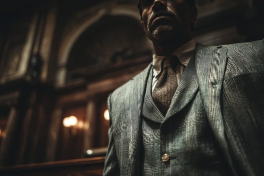 A man in a suit stands in a courtroom photo