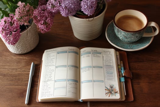 A planner, a cup of coffee and flowers photo