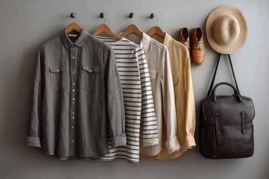 A man's clothes hanging on a wall with a hat and shoes photo