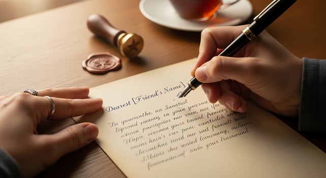 A woman writing a letter on a piece of paper with a pen photo