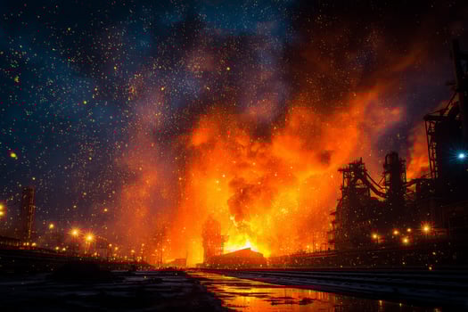 A large industrial plant is burning with flames and smoke photo