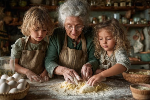 An elderly woman and two children making dough photo