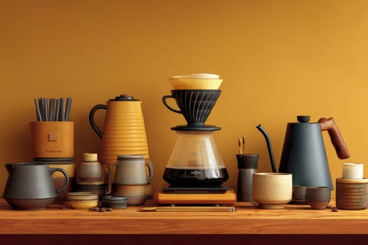 A table with coffee pots and coffee makers on it photo
