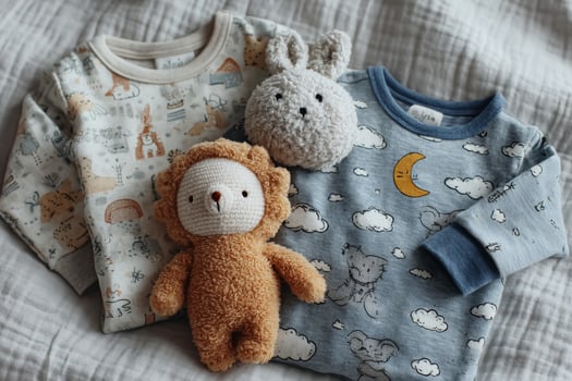 Three baby clothes with stuffed animals on a bed photo