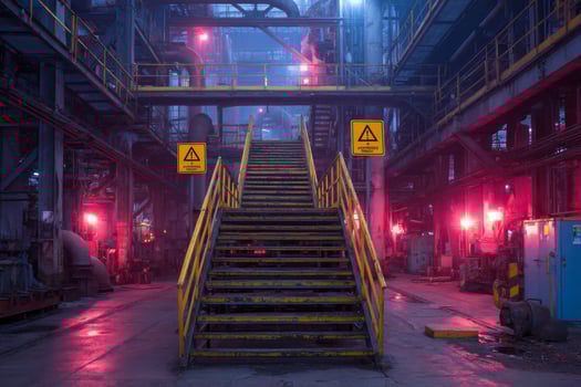 A stairway in an industrial building with red lights photo