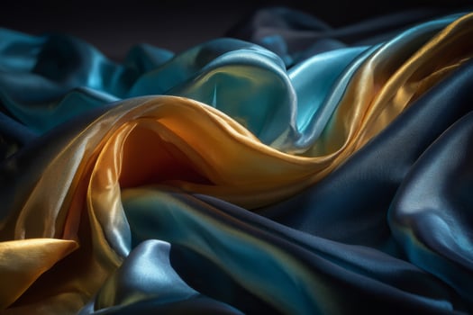 A close up of a blue and yellow silk fabric photo