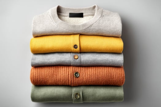 A stack of colorful sweaters on a gray background photo
