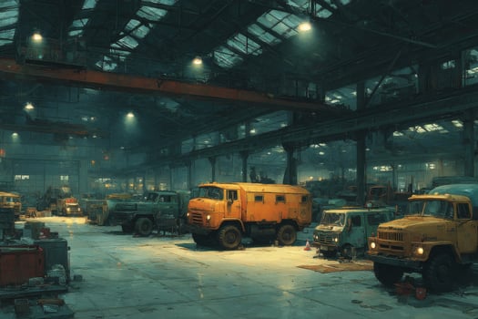 A factory with trucks and other vehicles in it photo