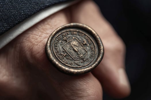 A man wearing a suit and tie holding a wax seal ring photo