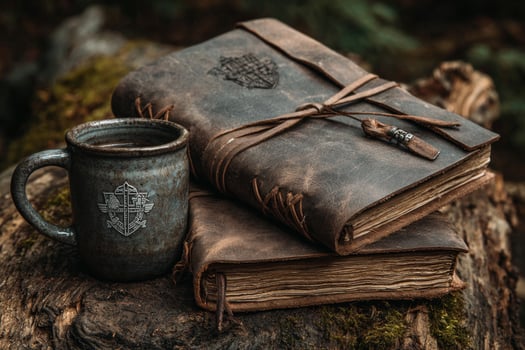 A leather book and coffee cup on a stump photo