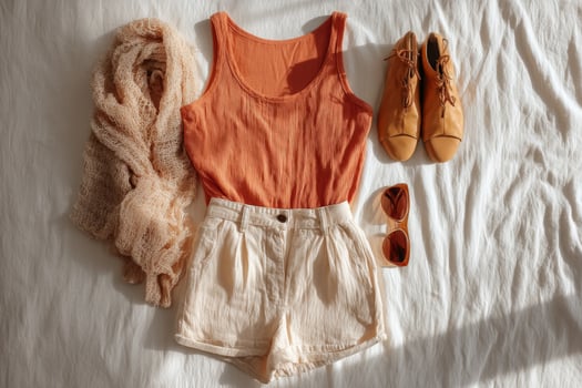 An orange tank top, shorts and shoes on a bed photo