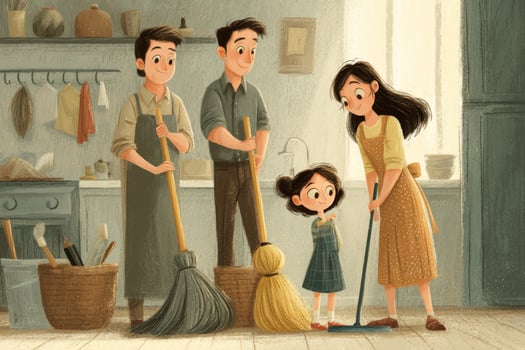 A family cleaning the kitchen photo