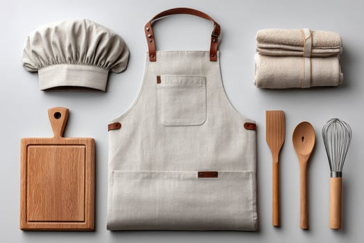 Kitchen utensils and apron on a white background photo