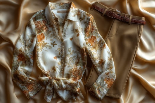 A floral shirt and pants laying on a silk fabric photo