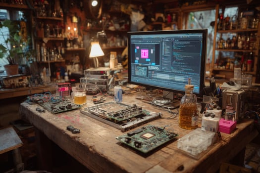 A desk with a computer monitor, keyboard and other electronics photo