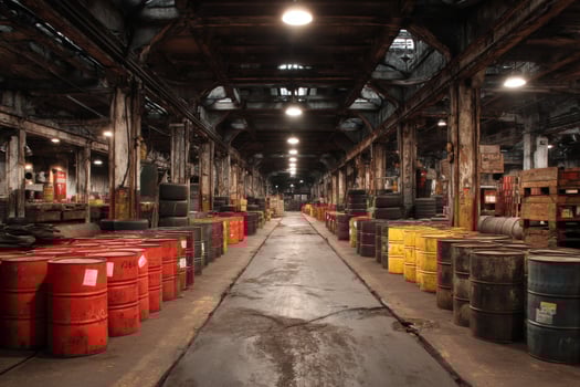 A long hallway with barrels and other items in it photo