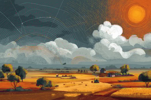 A painting of a farm scene with clouds and sun photo