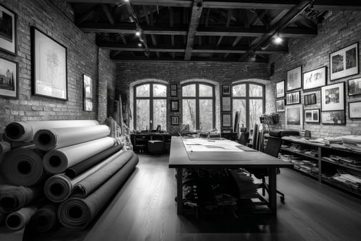 A black and white photo of a room with a desk and lots of pictures