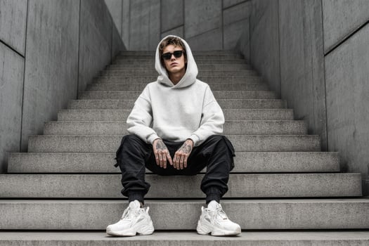 A man in a hoodie and sunglasses sitting on stairs photo