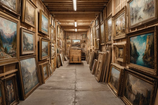 A long hallway with lots of paintings on the walls photo