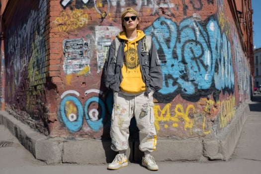 A man in a yellow hoodie and white pants stands in front of a wall covered in graffiti photo