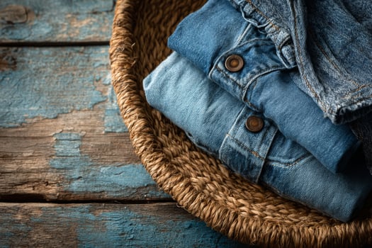 A basket with jeans and a pair of jeans photo