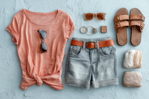 A woman's outfit laid out on a blue background photo