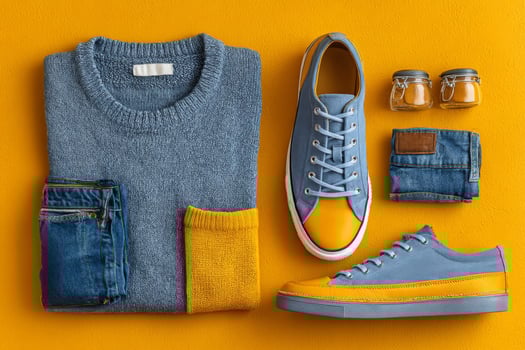 A pair of blue sneakers, jeans, and a sweater on a yellow background photo