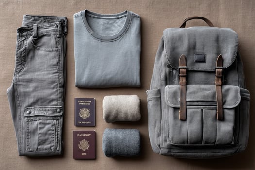 A backpack, jeans, passport, and other items laid out on a table photo